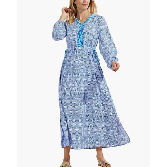 Coolibar UPF 50+ Womens Sardenga Maxi Dress White Blue Tie Waist Long Sleeve 3X - Picture 1 of 11